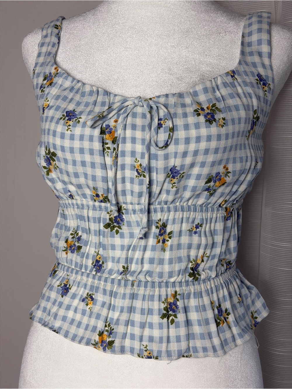 Reformation Liya Top Light Blue Gingham Smocked Floral Tank Small - Picture 5 of 10